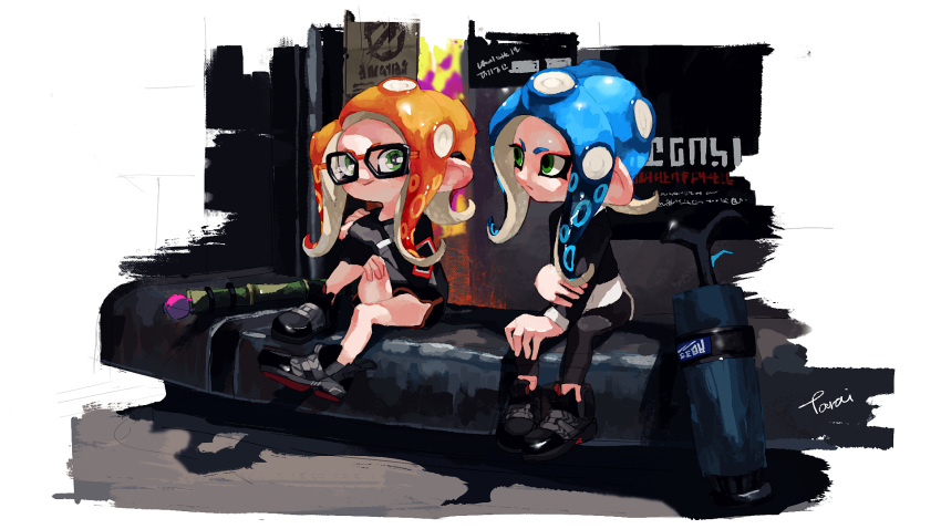 2girls bamboozler_14_(splatoon) black-framed_eyewear black_footwear black_pants blue_hair blue_umbrella cellphone closed_mouth closed_umbrella full_body glasses green_eyes hand_on_own_arm highres long_hair long_sleeves looking_at_another multiple_girls octarian octoling orange_hair pants phone signature sitting smartphone smartphone_case smile splatoon splatoon_(series) splatoon_2 suction_cups tarai_(silica5) tenta_brella_(splatoon) tentacle_hair umbrella