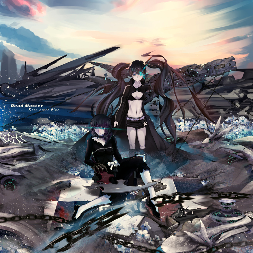 bad_id bad_pixiv_id bikini_top black_hair black_rock_shooter black_rock_shooter_(character) blue_eyes boots bow breasts burning_eye checkered checkered_floor choker claws coat curly_hair dead_master green_eyes highres horns long_hair medium_breasts midriff multiple_girls pants rubble shoes shorts smile star sunrise twintails x_x_(artist)