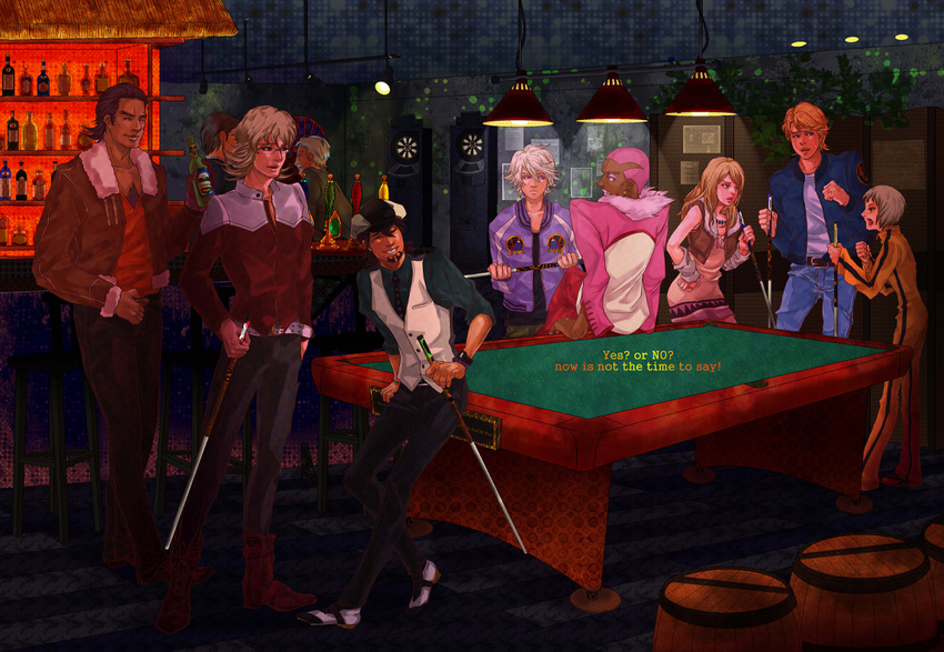 6+boys antonio_lopez bad_id bad_pixiv_id bare_shoulders barnaby_brooks_jr belt billiards blonde_hair blue_eyes blue_jacket bomber_jacket boots bracelet brown_eyes brown_hair bruce_lee's_jumpsuit cabbie_hat chest_hair closed_eyes cue_stick dark_skin denim detached_sleeves dress facial_hair glasses green_eyes hat huang_baoling ivan_karelin jacket jeans jewelry kaburagi_t_kotetsu karina_lyle keith_goodman letterman_jacket lipstick long_hair makeup motoake multiple_boys multiple_girls nathan_seymour necklace necktie pants pink_eyes pink_hair pool_table purple_eyes purple_jacket red_jacket short_hair sleeveless sleeveless_dress stubble studded_belt thighhighs tiger_&amp;_bunny v-neck vest waistcoat watch wristwatch