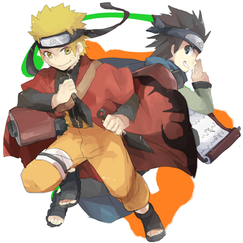 2boys highres kunai multiple_boys naruto naruto_shippuuden nikame sage_mode sarutobi_konohamaru scroll uzumaki_naruto uzumaki_naruto_(sennin_mode) weapon