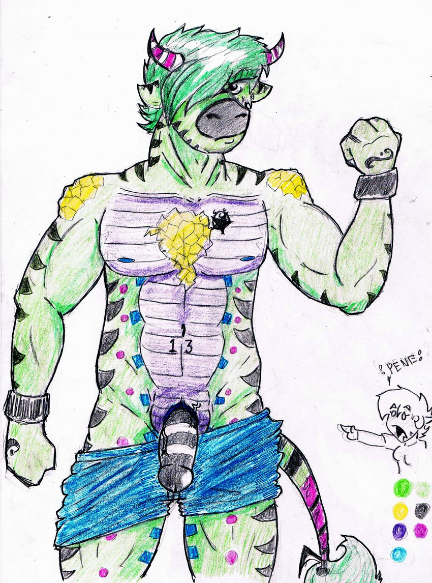 alebrije alebrijeman aligator alligator anthro bovine bull cattle eljon fursona lizard male mammal muscles penis plain_background reptil reptile scalie solo text toro