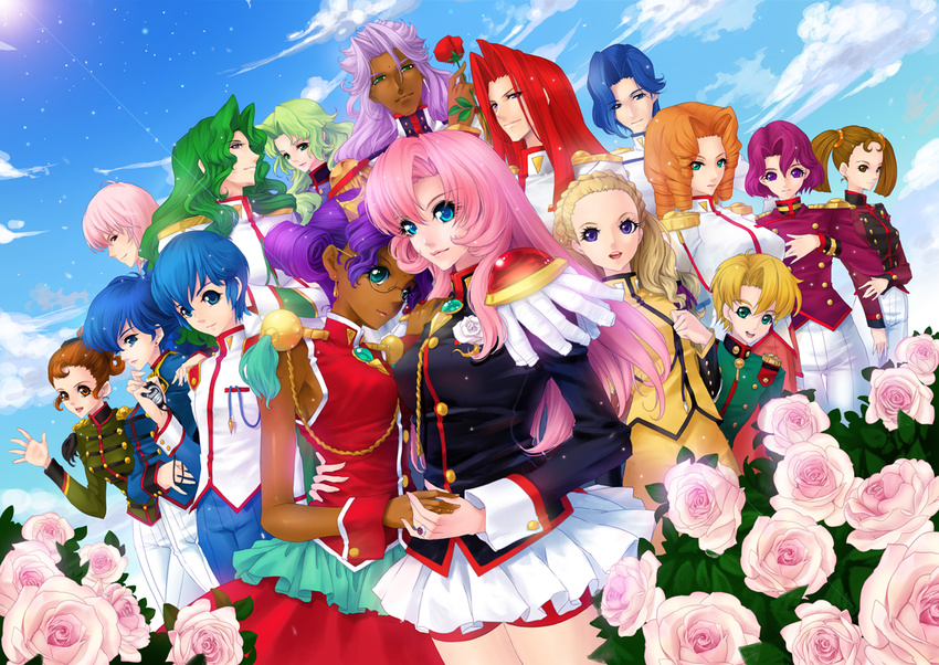 6+girls aiguillette arisugawa_juri blonde_hair blue_eyes blue_hair brown_hair cloud curly_hair dark_skin day dress epaulettes flower glasses green_eyes green_hair himemiya_anthy holding_hands jewelry kaoru_kozue kaoru_miki kiryuu_nanami kiryuu_touga kunishige_keiichi long_hair mikage_souji multiple_boys multiple_girls ootori_akio ootori_kanae_(utena) open_mouth orange_hair petticoat pink_flower pink_hair pink_rose purple_eyes purple_hair red_hair ring rose saionji_kyouichi school_uniform shinohara_wakaba short_hair shoujo_kakumei_utena sky sonoda_keiko takatsuki_shiori tenjou_utena tsuchiya_ruka tsuwabuki_mitsuru twintails