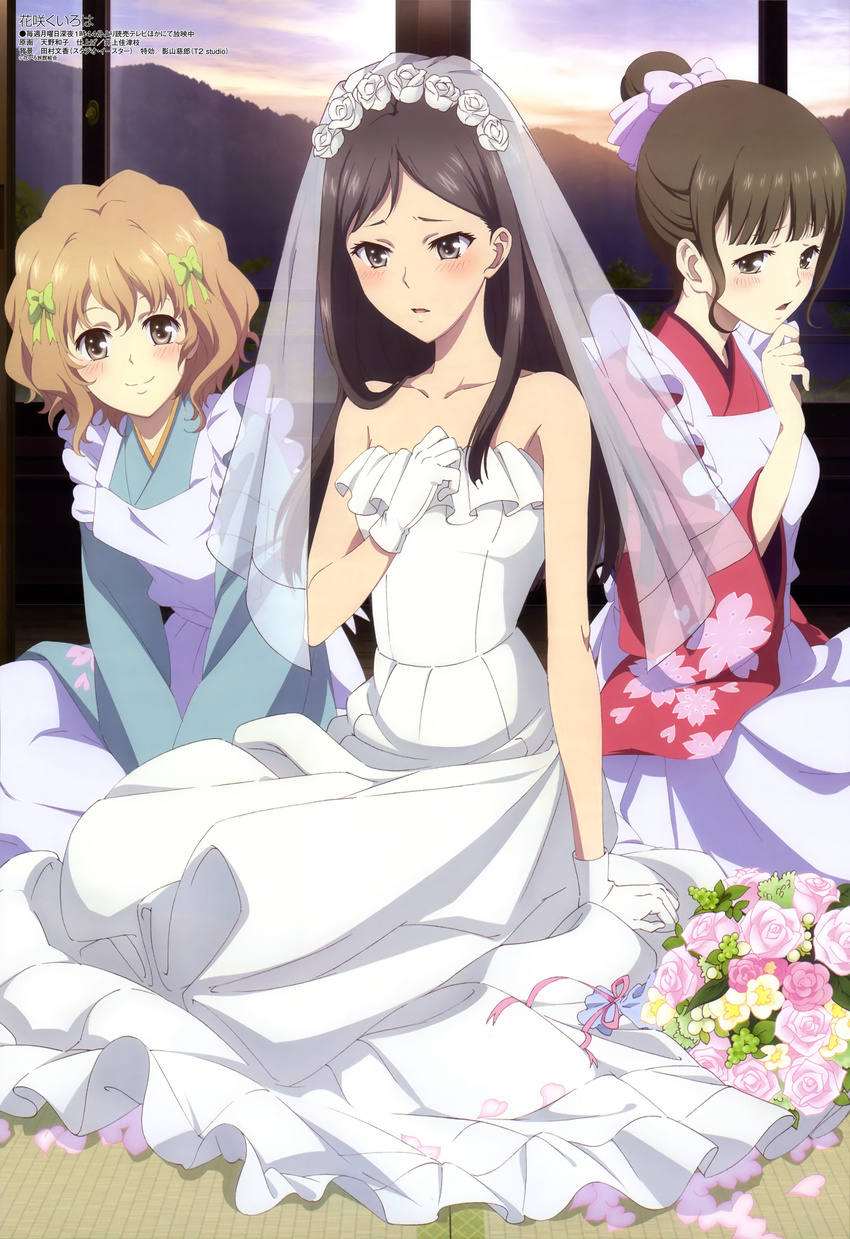 absurdres amano_kazuko apron bare_shoulders blush bouquet brown_eyes dress flower gloves hair_bun hanasaku_iroha highres japanese_clothes kimono long_hair maid_apron matsumae_ohana megami multiple_girls official_art open_mouth oshimizu_nako short_hair sitting smile tsurugi_minko veil wa_maid wedding_dress