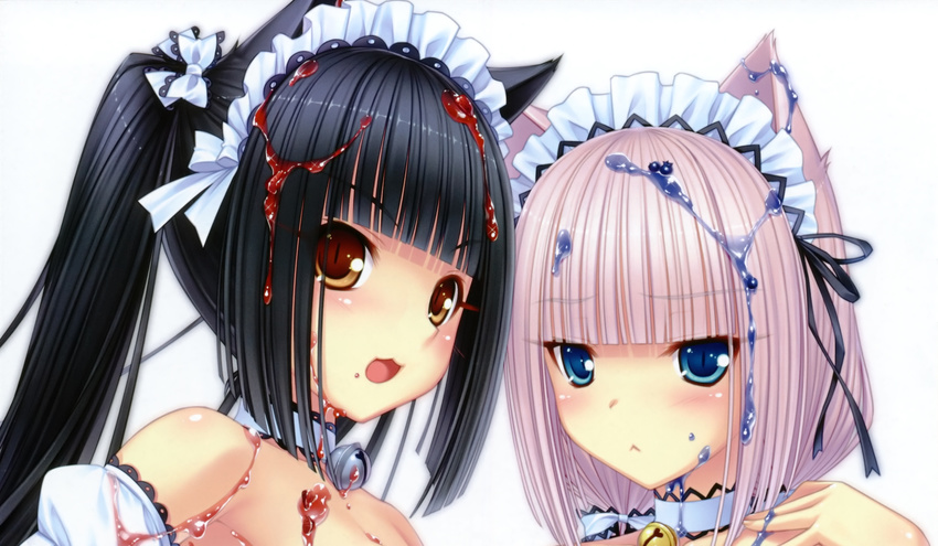 2girls animal_ears black_hair blush chocola maid nude sayori twintails vanilla wet white_hair yuri