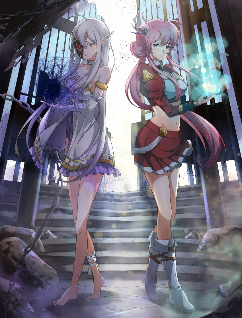 2girls absurdres ahoge bare_shoulders barefoot boots breasts chains character_request chinese_commentary cleavage collarbone collared_shirt corruption darkness detached_sleeves dress groin hair_ornament highres indoors langrisser light_particles long_hair long_sleeves magic mao_yuzi medium_breasts midriff multiple_girls navel pink_eyes pink_hair pointy_ears red_eyes shirt skirt stairs standing strapless very_long_hair white_footwear white_hair