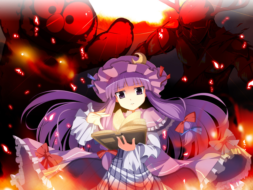 book capelet crescent dress elmo fujy hair_ribbon hands hat highres jitome open_book patchouli_knowledge pink_dress purple_eyes purple_hair red_demon ribbon sesame_street sparks striped striped_dress touhou wind