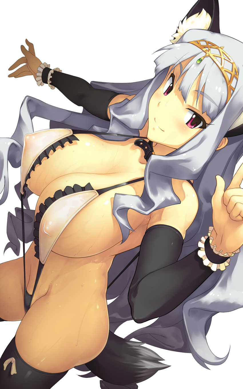 animal_ears breasts collar covered_nipples detached_sleeves dog_ears dog_tail groin hands highres huge_breasts idolmaster idolmaster_(classic) long_hair looking_at_viewer pink_eyes shijou_takane silver_hair slingshot_swimsuit smile solo swimsuit tail thighhighs tiara very_long_hair wet yn_red