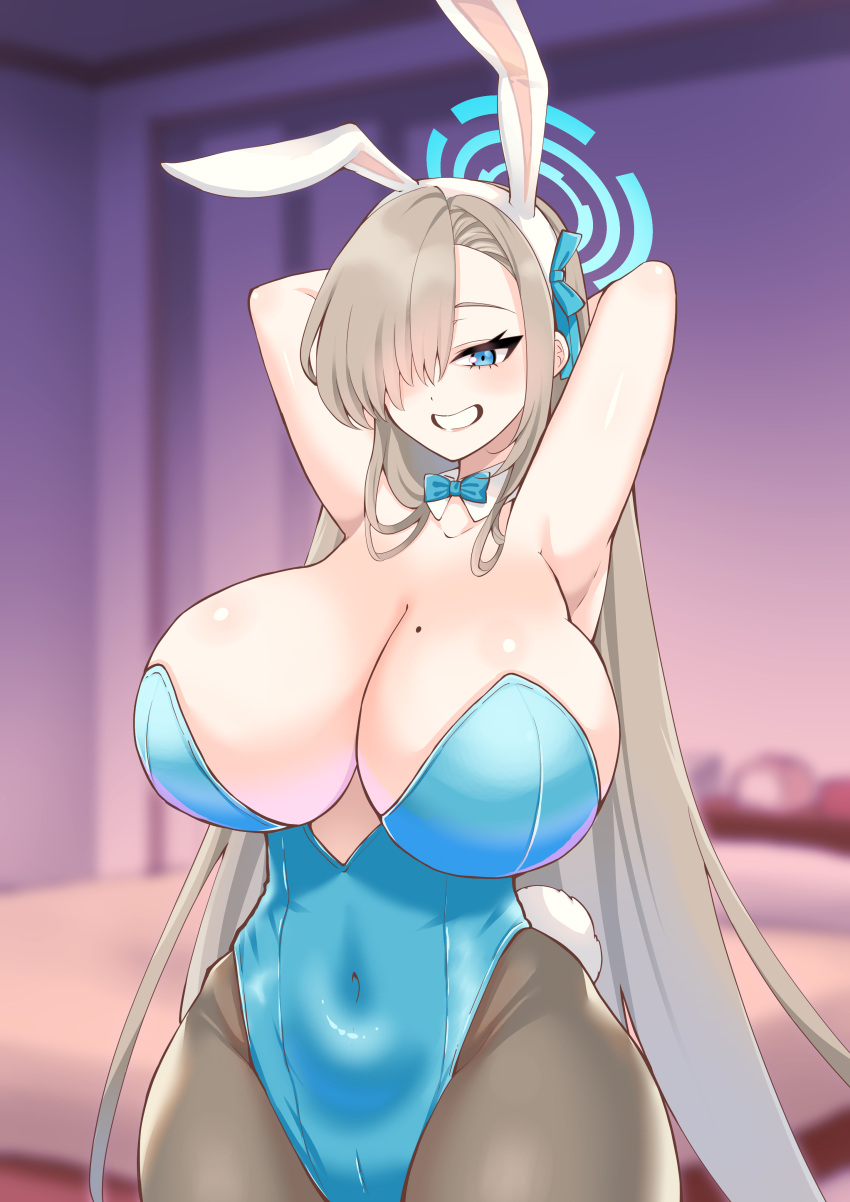1girl absurdres animal_ear_hairband animal_ears arm_behind_head asuna_(blue_archive) asuna_(bunny)_(blue_archive) blonde_hair blue_archive blue_bow blue_bowtie blue_eyes blue_halo blue_leotard bow bowtie breasts cleavage commentary_request covered_navel cowboy_shot detached_collar fake_animal_ears grey_pantyhose grin hair_over_one_eye hairband halo highleg highleg_leotard highres huge_breasts leotard long_hair looking_at_viewer mole mole_on_breast pantyhose playboy_bunny rabbit_ears rabbit_tail smile strapless strapless_leotard sugata_ubo tail traditional_bowtie
