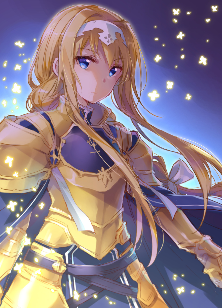 1girl alice_schuberg armor bangs blonde_hair blue_background blue_cape blue_eyes breastplate cape faulds gauntlets glowing_petals hair_intakes hair_ribbon hairband hazuki_(sutasuta) highres long_hair looking_at_viewer pauldrons petals ribbon serious sidelocks solo sword_art_online white_ribbon