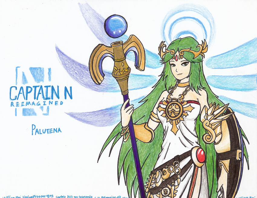 absurdres green_eyes green_hair highres jewelry kid_icarus long_hair nintendo off_shoulder official_art palutena pencil shield thighhighs tiara very_long_hair