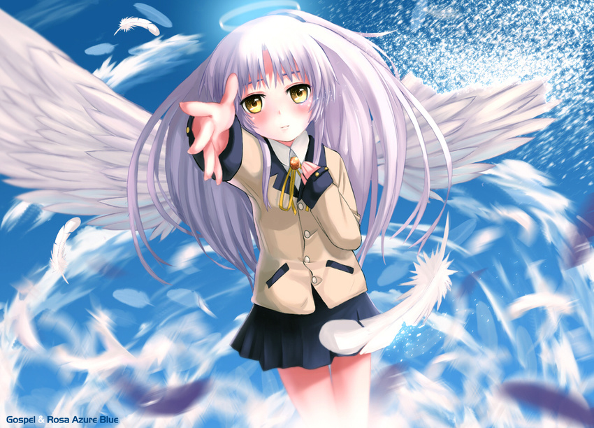 angel_beats! bad_id bad_pixiv_id blazer feathers halo jacket outstretched_hand pleated_skirt school_uniform silver_hair skirt solo tenshi_(angel_beats!) wings x_x_(artist) yellow_eyes