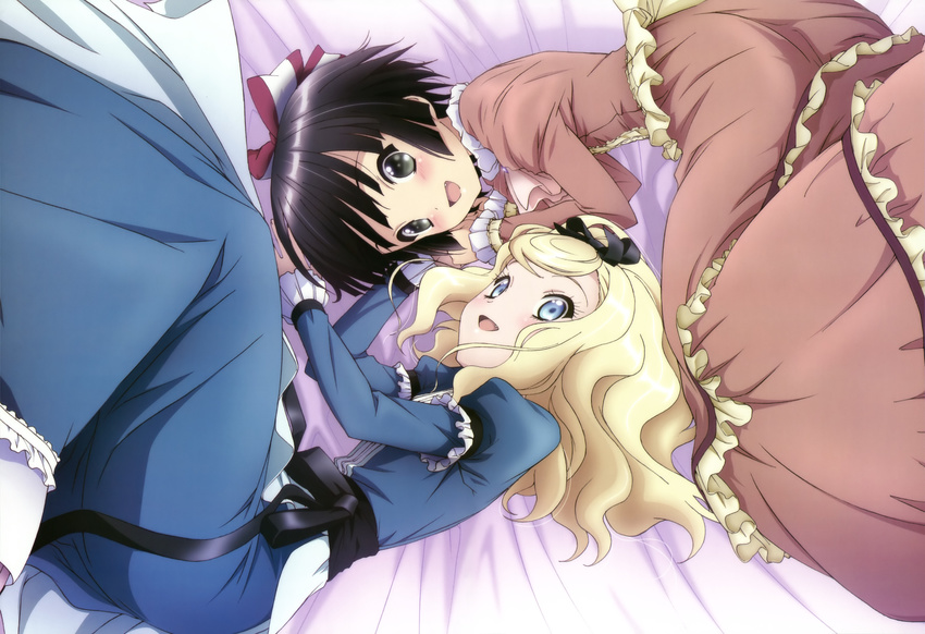 :d absurdres alice_blanche black_eyes black_hair blonde_hair blue_eyes dress fang highres ikoku_meiro_no_croisee inoue_hideki lying multiple_girls non-web_source nyantype official_art on_side open_mouth scan smile yune_(ikoku_meiro_no_croisee)