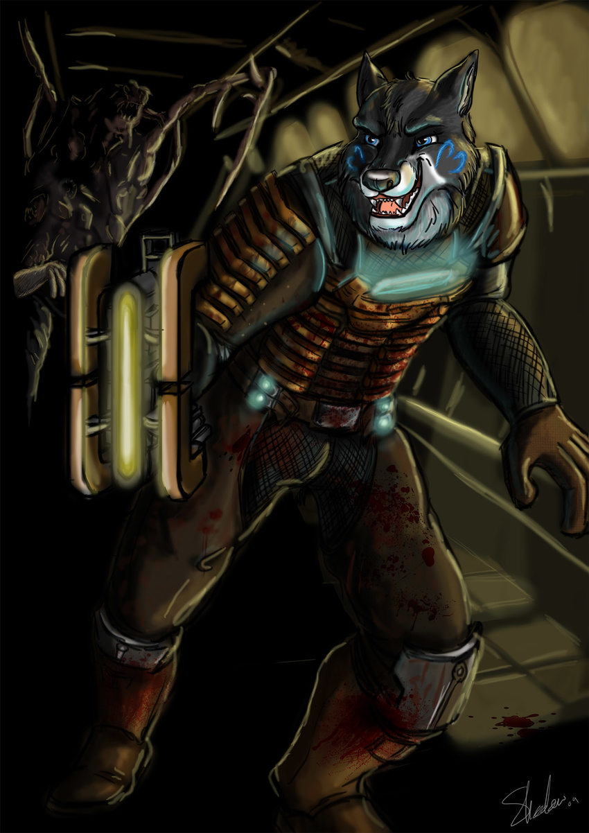 blue_eyes canine dead_space glowing male mammal plasma_cutter remus wolf