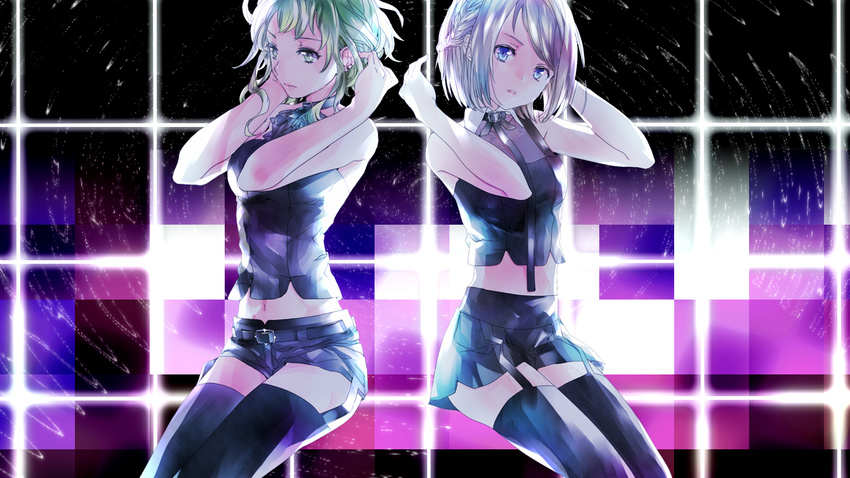 bad_id bad_pixiv_id blue_eyes chemical_emotion_(vocaloid) choker detached_collar ebisu_kana garters green_hair gumi hair_ornament hair_ribbon hairclip head_tilt highres kagamine_rin multiple_girls parted_lips ribbon short_hair shorts silver_hair skirt thighhighs vocaloid zettai_ryouiki