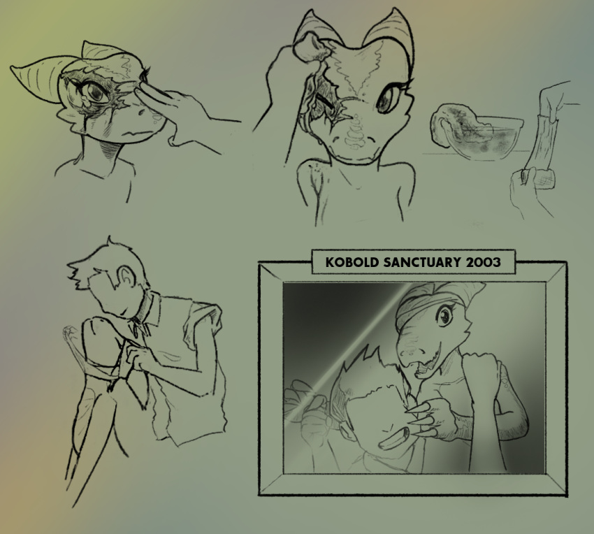 2018 anthro bandage burned caretaking comic crying duo female human kobold male male/female mammal open_mouth ryder_sechrest simple_background solo_focus tears wholesome
