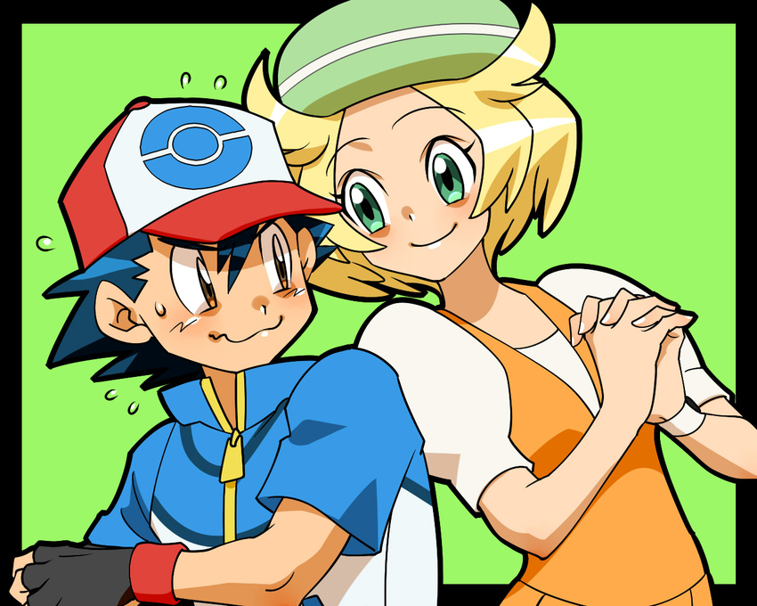 1girl amada baseball_cap bel_(pokemon) black_hair blonde_hair brown_eyes couple fingerless_gloves gloves green_eyes hands_clasped hat hetero own_hands_together pokemon pokemon_(anime) pokemon_bw_(anime) satoshi_(pokemon) simple_background smile sweat sweatdrop wavy_mouth wristband