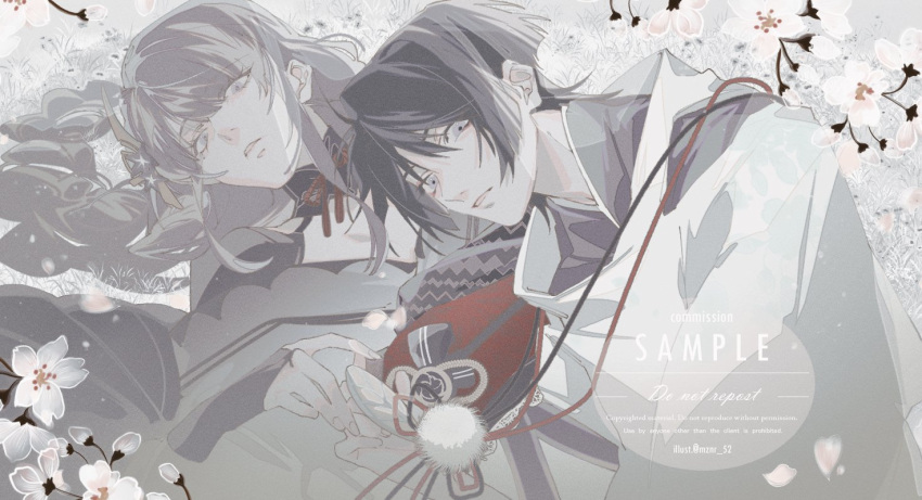 1boy 1girl black_bridal_gauntlets black_hair black_shrug blunt_bangs blunt_ends braid bridal_gauntlets cherry_blossoms clothing_cutout commission eyelashes falling_petals feathers fingernails flower genshin_impact grass grey_eyes grey_kimono hair_flower hair_ornament japanese_clothes kariginu kimono long_hair long_sidelocks long_sleeves looking_at_viewer low-braided_long_hair low-tied_long_hair lying mandarin_collar mole mole_under_eye mother_and_child mother_and_son obi obiage obijime off_shoulder on_back on_ground pale_color parent_and_child parted_lips petals pink_flower pink_petals pom_pom_(clothes) purple_flower purple_kimono purple_sash raiden_shogun red_sash ringo_shou_abura sash scaramouche_(genshin_impact) scaramouche_(kabukimono)_(genshin_impact) second-party_source shoulder_cutout shrug_(clothing) sidelocks string swept_bangs tsurime twitter_username watermark white_flower white_mouth wispy_bangs