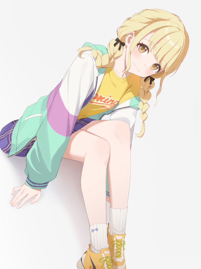 1girl absurdres bare_legs black_ribbon blonde_hair blue_skirt blush braid commentary fujita_kotone gakuen_idolmaster hair_ribbon highres idolmaster invisible_chair jacket long_hair looking_at_viewer multicolored_jacket plaid_clothes plaid_skirt ribbon shirt shoes sitting skirt smile socks solo twin_braids white_socks yellow_eyes yellow_shirt yellow_shoes yyyyy'