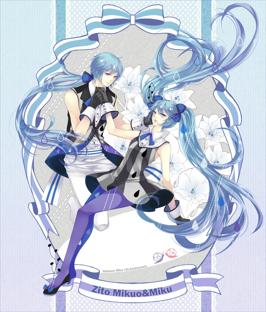 1girl aqua_hair bad_id bad_pixiv_id blue_eyes blue_legwear dress flower genderswap genderswap_(ftm) gloves hatsune_miku hatsune_mikuo highres holding_hands long_hair pantyhose ponytail twintails very_long_hair vocaloid zukiyuki