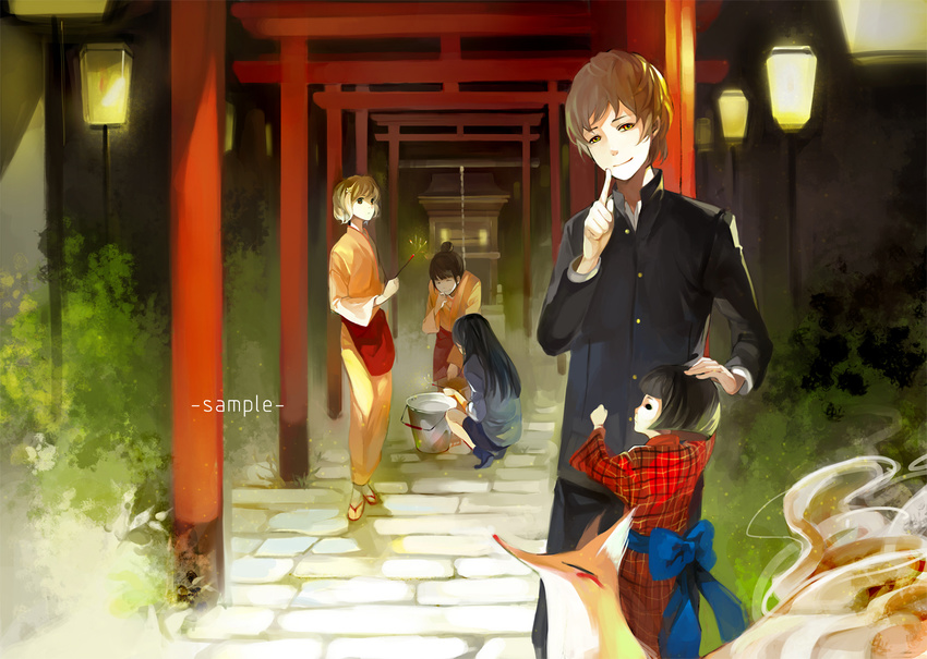 4girls apron bad_id bad_pixiv_id black_hair bow brown_eyes brown_hair bucket closed_eyes finger_to_mouth fireworks flower fox hair_bun hair_flower hair_ornament hanasaku_iroha hand_on_head highres japanese_clothes kissuisou_uniform lantern long_hair matsumae_ohana multiple_girls multiple_torii nakai_(waitress) night nineo oshimizu_nako sample sandals school_uniform senkou_hanabi short_hair shrine smile sparkler squatting tanemura_kouichi torii tsurugi_minko water younger