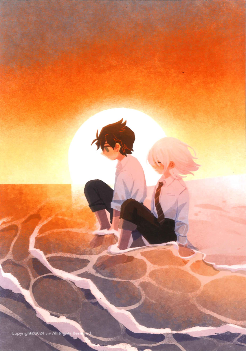 2boys absurdres akinashi_haru backlighting barefoot beach black_hair blue_eyes closed_eyes collared_shirt from_side highres lossy-lossless male_focus multiple_boys necktie non-web_source ocean official_art outdoors pants pants_rolled_up partially_submerged profile ruuya1124 saihate_eki scan scenery self-scan shirt sitting sunset tatsunami_shion wet wet_clothes white_hair white_shirt