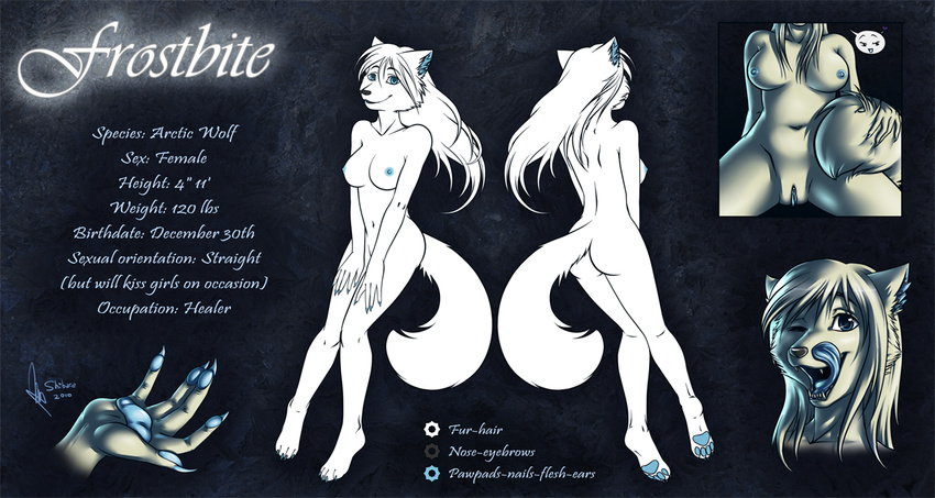 blue_eyes blue_nipples blue_pussy breasts canine english_text female frostbite fur hair hindpaw licking licking_lips looking_at_viewer mammal model_sheet nipples nude one_eye_closed paws pussy shibara smile solo spread_legs spreading text tongue white white_fur white_hair wolf