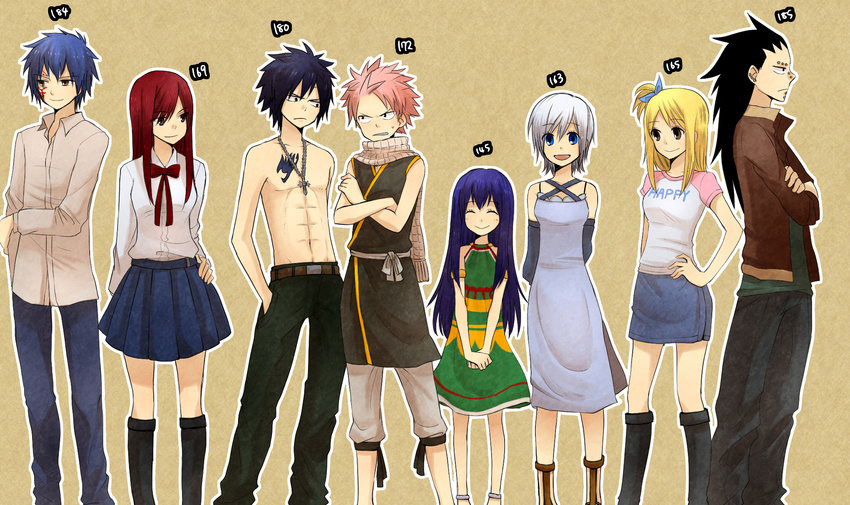 4girls bad_id bad_pixiv_id buranko erza_scarlet fairy_tail gajeel_redfox gray_fullbuster hand_in_pocket hand_on_hip height_chart highres jellal_fernandes jewelry lineup lisanna_strauss lucy_heartfilia multiple_boys multiple_girls natsu_dragneel necklace wendy_marvell