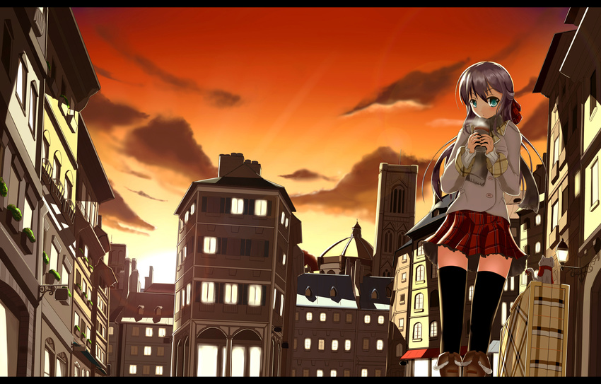black_legwear building cat cityscape cup fatkewell green_eyes highres jacket landscape letterboxed luggage original purple_hair scarf skirt steam sunset thighhighs