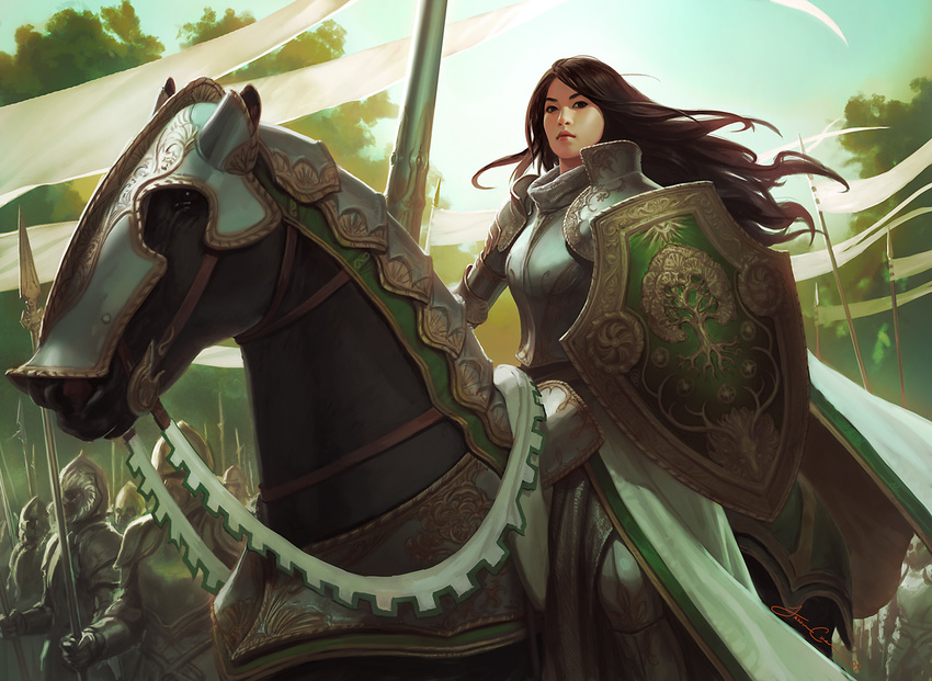 armor barding breastplate brown_hair horse horseback_riding jason_chan knight lance long_hair magic:_the_gathering official_art polearm riding shield solo_focus spear tree weapon