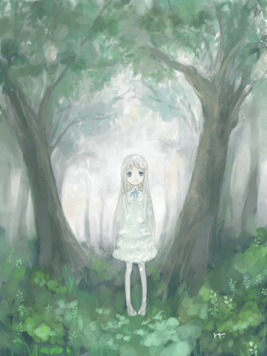 ano_hi_mita_hana_no_namae_wo_bokutachi_wa_mada_shiranai. barefoot dress forest highres honma_meiko long_hair masuchi nature solo standing tree white_dress white_hair