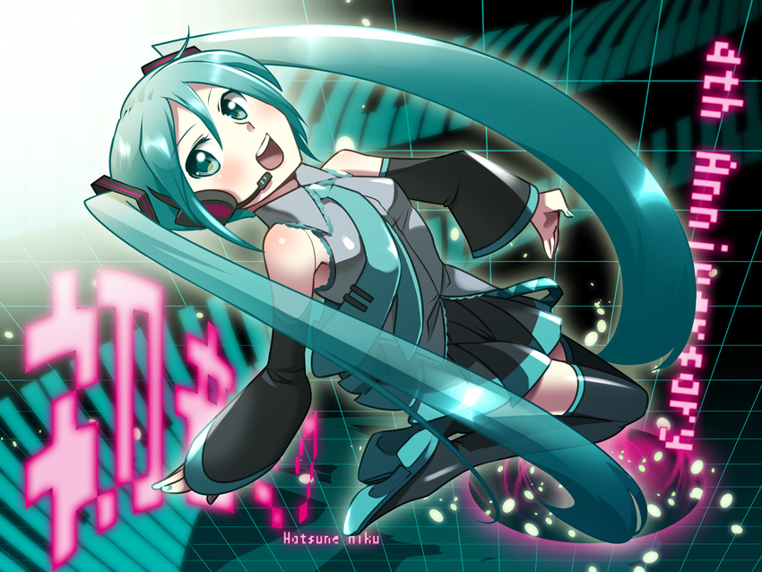 1girl anniversary birthday boots caffein commentary_request detached_sleeves hatsune_miku headset highres long_hair nail_polish necktie skirt solo thigh_boots thighhighs transparent very_long_hair vocaloid
