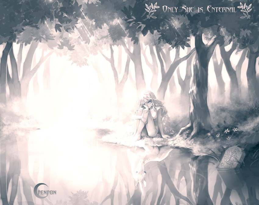 artist_name forest greyscale lady_amalthea long_hair monochrome nature penpon personification reflection signature sitting solo sunlight text_focus the_last_unicorn the_unicorn_(the_last_unicorn) tree unicorn water