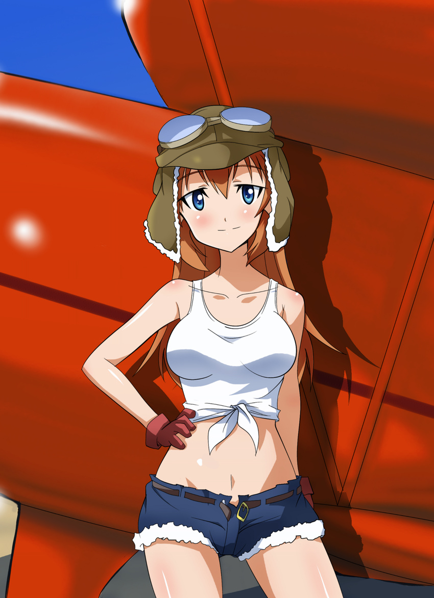 belt blue_eyes charlotte_e_yeager cutoffs front-tie_top gloves goggles goggles_on_head hand_on_hip hat highres navel orange_hair shiny shiny_skin shirt shorts smile solo strike_witches tank_top tied_shirt tokiani world_witches_series