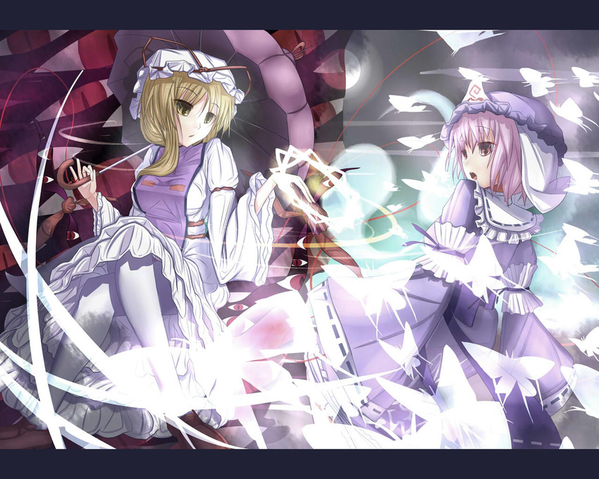 bad_id bad_pixiv_id blonde_hair bug butterfly darren gap hat insect letterboxed long_hair multiple_girls pantyhose pink_eyes pink_hair saigyouji_yuyuko touhou umbrella yakumo_yukari yellow_eyes