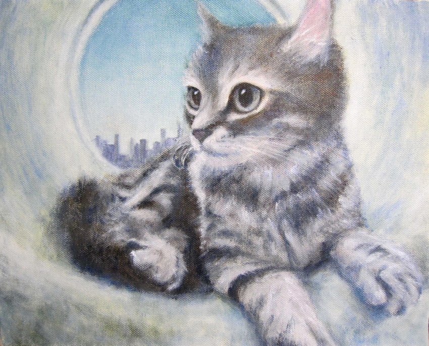 animal blue_eyes canvas_(medium) cat cat_focus city highres no_humans oil_painting_(medium) original realistic traditional_media tunnel yuuki_rio_(the_other_side_of_the_moon)