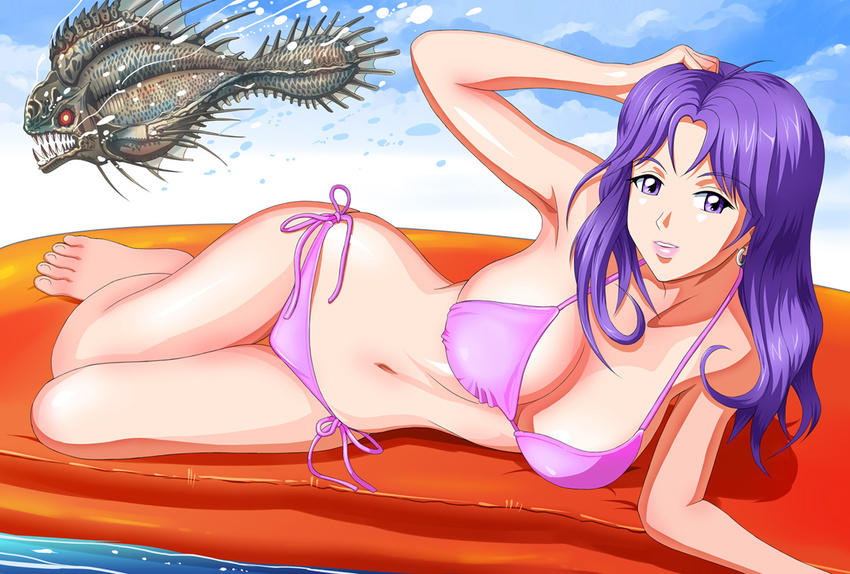 adjusting_hair armpits bare_shoulders barefoot bikini breasts earrings fish inflatable_raft jewelry kagami_mira large_breasts lipstick long_hair lying makeup midriff on_side pink_bikini purple_eyes purple_hair shopyun side-tie_bikini solo swimsuit tokimeki_memorial tokimeki_memorial_1