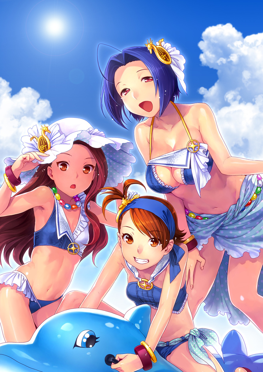 absurdres adapted_costume ahoge bare_shoulders bikini blue_hair blue_sarong bow bracelet breasts brown_eyes brown_hair cleavage cloud day flat_chest futami_ami grin hairband halterneck hat highres idolmaster idolmaster_(classic) inflatable_dolphin inflatable_toy jewelry leaning_forward long_hair medium_breasts midriff minase_iori miura_azusa multiple_girls navel nekomata_naomi palace_of_dragon_(idolmaster) print_sarong red_eyes ryuuguu_komachi sarong side_ponytail sky smile straddling sun sun_hat swimsuit