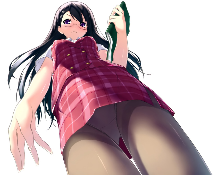 angry bangs black_hair blush book brown_legwear buttons dutch_angle embarrassed foreshortening from_below frown glasses hair_ornament hairclip highres holding holding_book kantoku long_hair looking_at_viewer looking_down miniskirt miyaguchi_hiromi office_lady original panties panties_under_pantyhose pantyhose pantyshot pantyshot_(standing) pince-nez plaid purple_eyes simple_background skirt solo standing thigh_gap thighband_pantyhose thighs underwear upskirt vest