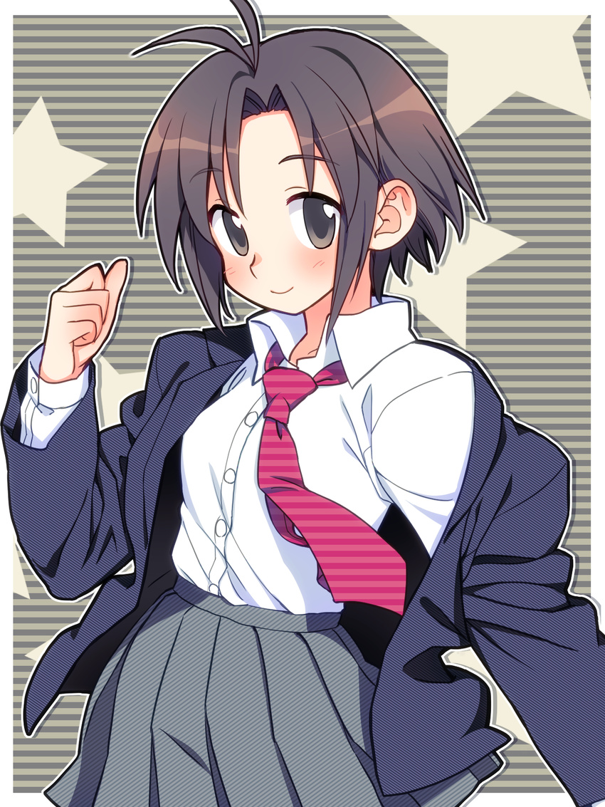 antenna_hair black_eyes black_hair blazer blush highres idolmaster idolmaster_(classic) jacket kikuchi_makoto necktie off_shoulder school_uniform short_hair skirt smile solo star yuuki_keisuke