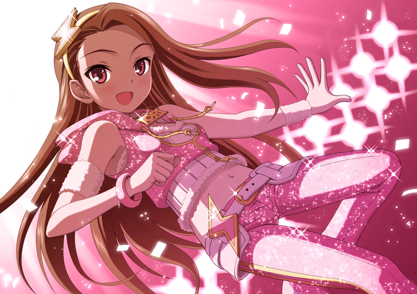 :d belt bracelet brown_hair fur_trim hairband highres hood hoodie idolmaster idolmaster_(classic) jewelry long_hair midriff minase_iori navel necklace nokia_(harusion) open_mouth pants pink_diamond_765 pink_eyes pink_pants sleeveless sleeveless_hoodie smile solo sparkle wristband