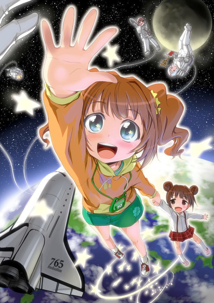 absurdres bag brown_eyes brown_hair double_bun earth food frog gravity green_eyes hagiwara_yukiho hamster hamuzou handbag highres hood hoodie idolmaster idolmaster_(classic) moon multiple_girls noodles open_mouth orange_hair outstretched_hand purple_eyes ramen shijou_takane shovel siblings silver_hair sisters sky smile space space_craft space_shuttle spacesuit star star-shaped_pupils star_(sky) starry_sky symbol-shaped_pupils takatsuki_kasumi takatsuki_yayoi twintails zanzi