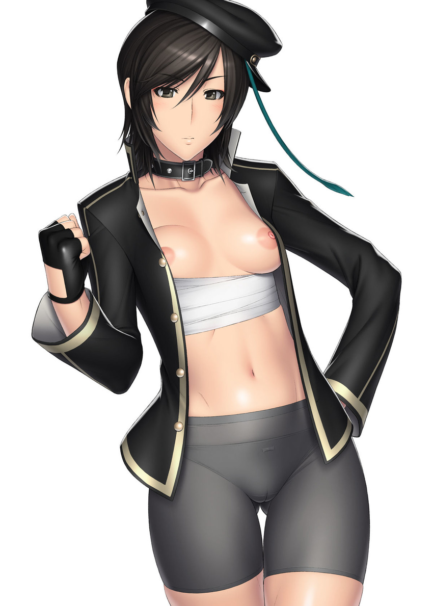 1girl alternate_costume bike_shorts black_eyes black_hair breasts cameltoe collar collarbone fingerless_gloves gloves hand_on_hip highres hips jacket kansuke navel nipples open_clothes open_jacket peaked_hat sarashi shin_sangoku_musou short_hair solo xing_cai