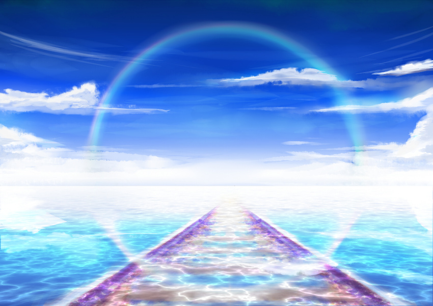 kaimonn no_humans ocean original railroad_tracks rainbow scenery sky water