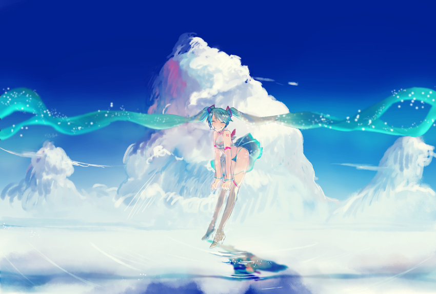 aqua_hair bad_id bad_pixiv_id closed_eyes cloud czc_(deko) day floating floating_hair grin hatsune_miku headphones headset high_heels highres long_hair reflection see-through shoes skirt sky smile solo twintails very_long_hair vocaloid