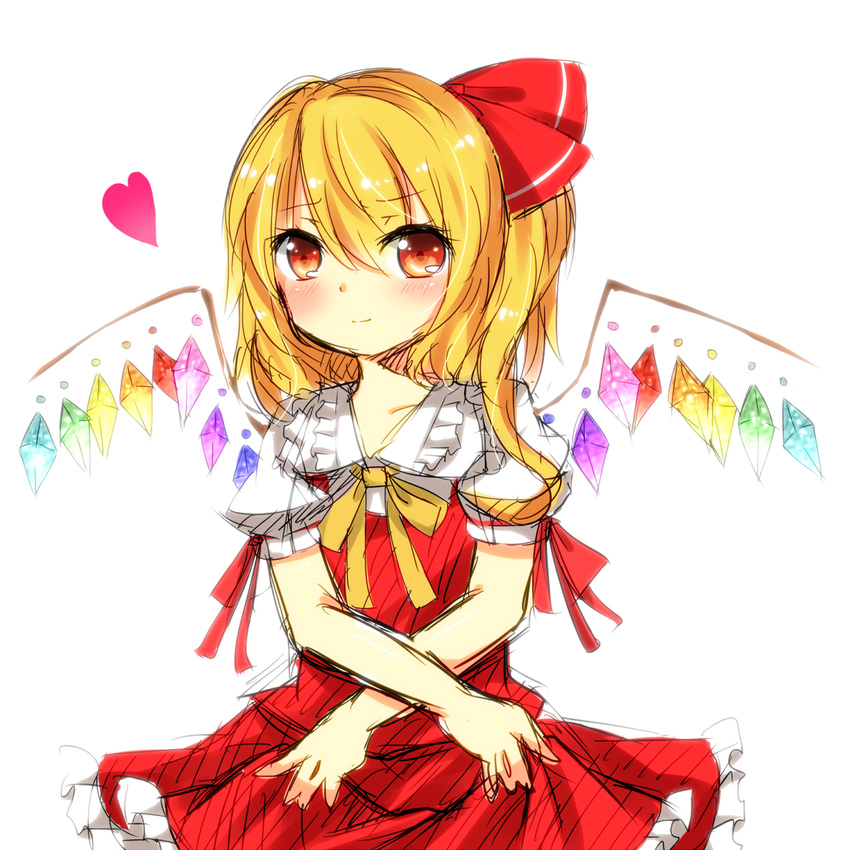 bad_id bad_pixiv_id blonde_hair blush flandre_scarlet hair_ribbon heart red_eyes ribbon side_ponytail solo touhou wings yuria_(kittyluv)