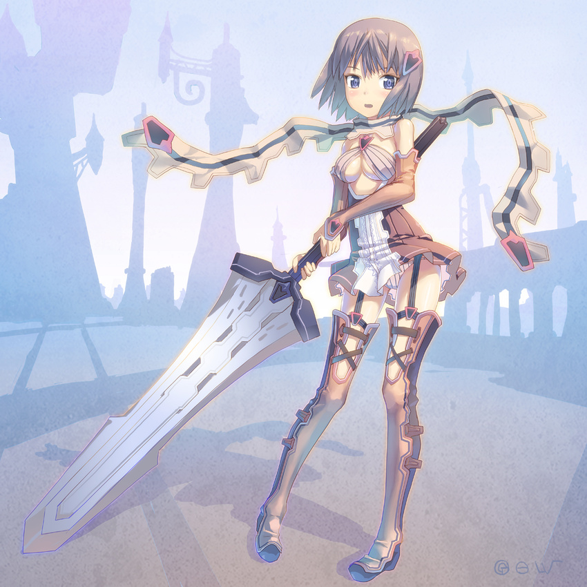 bare_shoulders blue_eyes boots breasts brown_hair cleavage cleavage_cutout detached_sleeves garters hair_ornament medium_breasts original pigeon-toed scarf short_hair solo striped sword thigh_boots thighhighs tougetsu_gou underboob vertical_stripes weapon