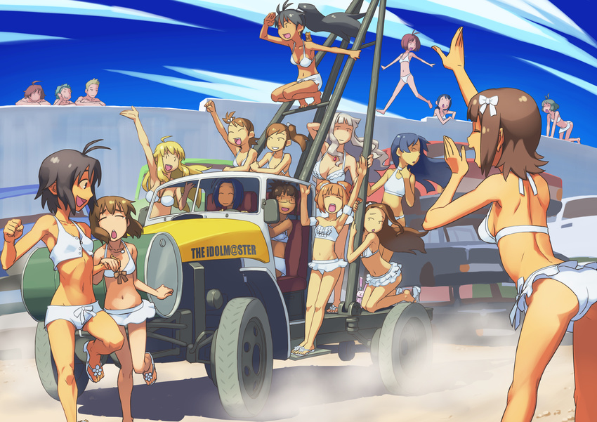 6+girls akizuki_ritsuko akizuki_ryou amagase_touma amami_haruka animal arm_up armband ass balancing beach bikini bikini_skirt black_hair blonde_hair blue_hair brown_hair bunny car chin_rest closed_eyes crossdressing crossed_arms day driving drum_(container) dune_buggy ebinera everyone futami_ami futami_mami ganaha_hibiki glasses ground_vehicle hagiwara_yukiho hair_ribbon hair_up hamster hamuzou hidaka_ai highres hoshii_miki idolmaster idolmaster_(classic) idolmaster_2 idolmaster_dearly_stars ijuuin_hokuto jewelry jupiter_(idolmaster) kikuchi_makoto kisaragi_chihaya left-hand_drive long_hair minase_iori mitarai_shouta miura_azusa mizutani_eri motor_vehicle multiple_boys multiple_girls necklace on_vehicle open_mouth otoko_no_ko outdoors ribbon sand sandals shijou_takane short_hair shorts sky smile stuffed_toy sweatdrop swimsuit takatsuki_yayoi tan tire truck