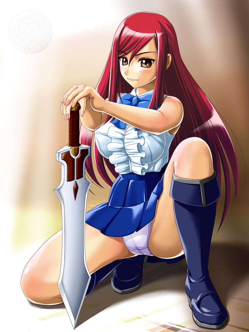 boots breasts brown_eyes cameltoe erza_scarlet fairy_tail highres large_breasts onoe panties red_hair ribbon skirt smile solo sword underwear weapon