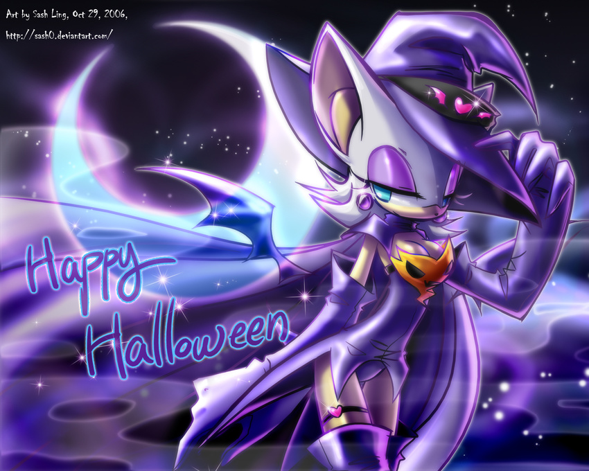 &hearts; bat blue_eyes boots breasts cleavage clothed clothing dress female gloves hair halloween hat holidays looking_at_viewer mammal moon rouge_the_bat sash0 sega solo sonic_(series) stars white white_hair wings