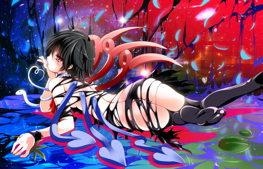 ass asymmetrical_wings black_hair black_legwear censored chin_rest convenient_censoring houjuu_nue lying on_stomach red_eyes short_hair snake solo thighhighs torn_clothes touhou wings wristband yakumo_shibata